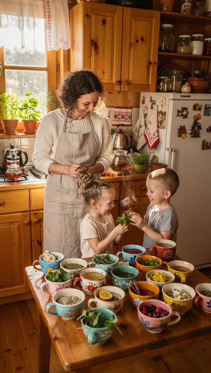 Rytinė arbatos ritualo scena, skatinanti sveiką gyvenimo būdą ir energijos atgavimą.